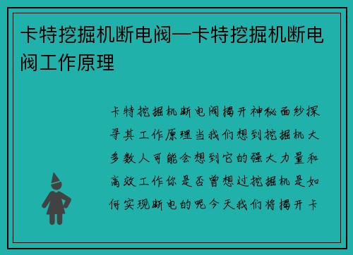 卡特挖掘机断电阀—卡特挖掘机断电阀工作原理