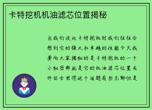 卡特挖机机油滤芯位置揭秘