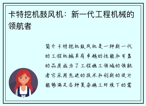 卡特挖机鼓风机：新一代工程机械的领航者